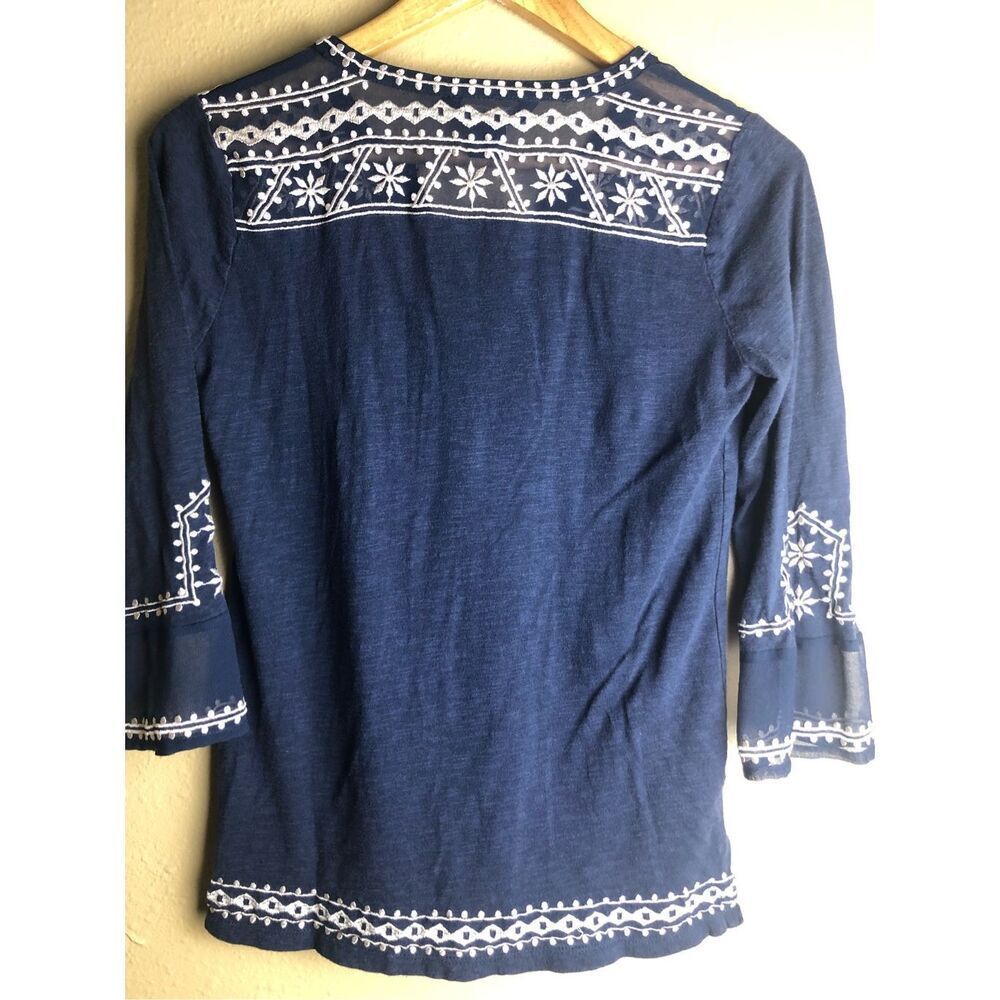 Lucky Brand Boho Embroidered Navy Tunic Top XS 3/4 Sleeve - Picture 5 of 13